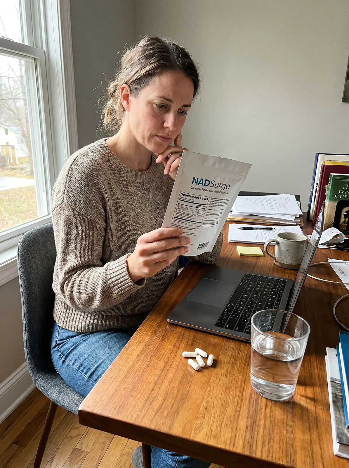 Customer reading the NAD Surge label at her desk